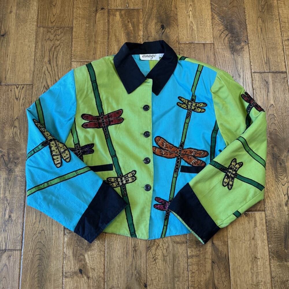 VTG Anage Blazer Jacket Women Sz XL Embroidered Dragonflies Vibrant Colorblocked